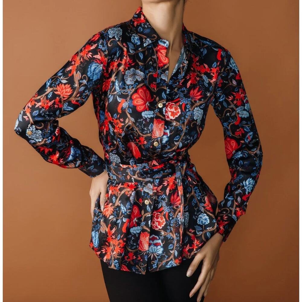 Chloe Kristyn Fleur Noir Erin Blouse Floral Long Sleeve Satin Boho Viscose XS